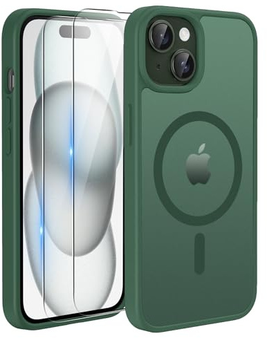 TQIAHF Magnetic Phone Case for iPhone 15 Case with 2 Tempered Glass Screen Protector Compatible with MagSafe Military Grade Translucent Matte Phone Cover for iPhone 15,Green