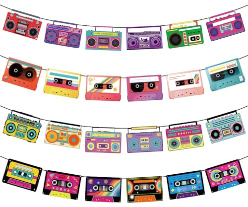 4pcs Banderoles à Cassettes, Bannières à Motifs de Cassettes Radio Durables Décorations de Fête Rétro Amusantes Années 80 Idéales pour Fournitures Fête sur Thème Musique Hip-Hop
