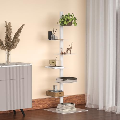 Nidouillet 6 Tier Tall Narrow Metal Bookshelf, Vertical Tower Bookcase with Adjustable Shelves, Space Saving Corner Book Shelf Storage Display Rack, Tool Free Assembly (W+B, 6-Tier)
