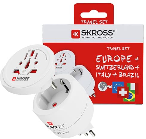 SKROSS Reseadapter Combo World, Schweiz + Italien + Brasilien | Universell för mer än 150 länder, 100–250 V, 10 A, upp till 2 500 W | Kompakt och robust - Perfekt för bärbar dator, smartphone