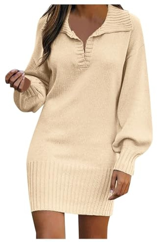 ZDSUHYIW Robe d'hiver en tricot pour femme - Col en V - Manches longues - Robe festive - Robe pull courte - Robe portefeuille solide - Robe mi-longue en laine - Robe tricotée - Robe sweat, beige, M