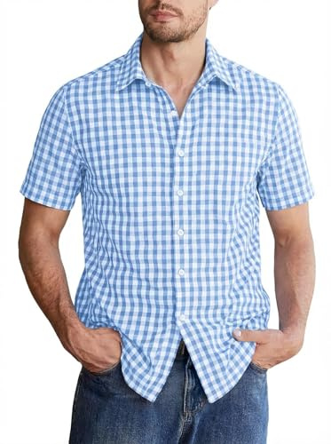 Halfword Uomo Camicia a Quadri Maniche Corte Cotone Gingham Popeline Tradizionale Oktoberfest Botton-Down Vichy Shirts