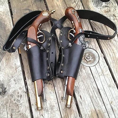 Läder dubbel flintlock pistol axel hölster, miljövänligt PU-läder, justerbar pistolhållare för pirat steampunk cosplay kostym