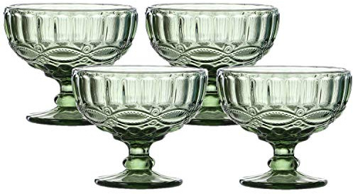VanEnjoy Green Vintage Pressed Pattern Glass Ice Cream Cups/Dessert Bowls - Set of 4,12 Oz