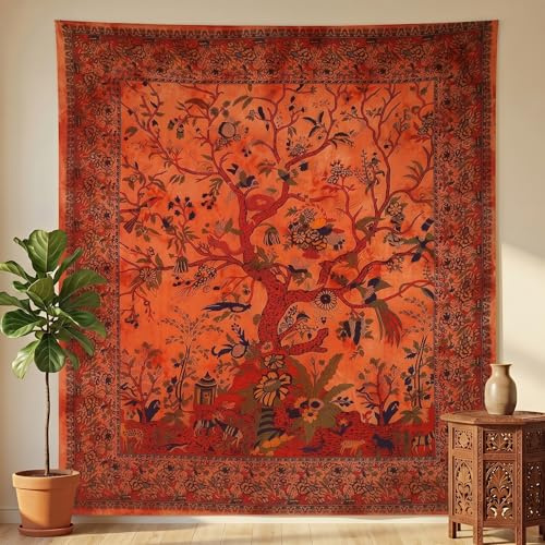 THE ART BOX Orange Tree of Life Wall Hanging Tapestry (Medium, 60x54 Inch) – Indian Cotton Bedspread, Picnic Sheet, Blanket, Nature-Inspired Wall Decor for Bedroom