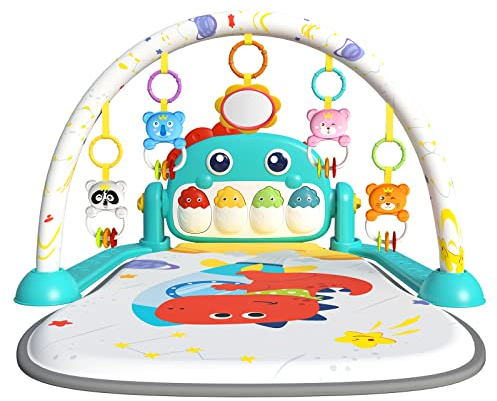 Eners Baby Gyms Spielmatten Musikalisches Aktivitätszentrum Kick & Play Piano Gym Tummy Time – Gepolsterte Matte für Neugeborene (Dinosaurier blue)