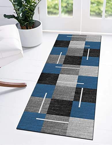 Ymural Läufer Flur Teppich Küchen Schwarz Grau Blau Teppichläufer Meterware rutschfest Lang Kariert Gestreift Waschbar Kurzflor Küchenläufer Polyester Korridor Schlafzimmer, Anpassbar Breite 40~120cm