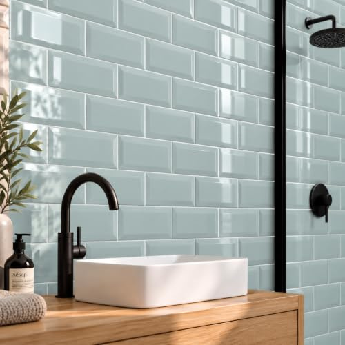 Metro Powdered Blue Ceramic Wall Bathroom Tile Subway Brick Effect 100mm x 200mm Bevelled Edge Kitchen Tiles Gloss Finish 1m2 Box of 50