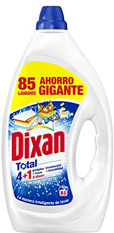 Dixan Gel Total 4+1, Detergente Líquido para Lavadora 85 Lavados, jabón líquido para lavar la ropa blanca y clara. Limpieza, luminosidad, frescor y sostenibilidad
