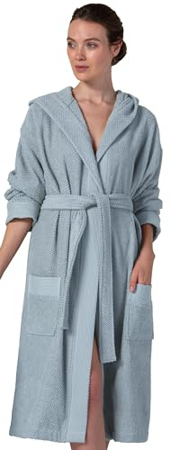 SEYANTE Organic Turkish Cotton Terry Women's Hooded Bathrobe - GOTS Certified Women's Terry Cloth Robe - Long Textured, Rice Weave Trim (Small, Blue Grey/Hooded)