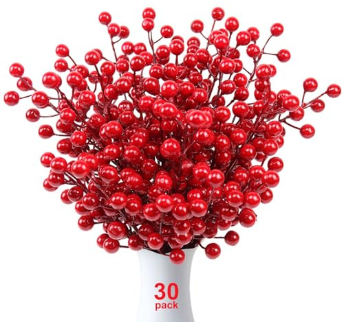 Mklsit 30 Pack Artificial Red Berry Stems, 8.2 Inch Christmas Berry Picks Holly Berries Branches for Christmas Tree Decorations DIY Crafts Wreath Decor