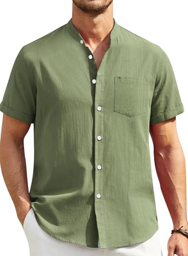 Enlision Camisa para Hombre Lino Coton Sin Cuello Manga Corta Camisas Verde Hombre Corte Regular Henley Camisas de Color Sólido con Botónes Bolsillo de Verano Playa Business S