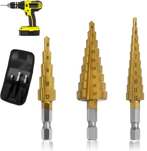 3Pcs HSS Spiral Step Drill Bit, High Speed Steel Step Drill Bits Set for Metal, Cone Cutter for Wood Stainless Steel Iron Plate Metal Plastic Aluminum PVC Board Sheet (4-20mm, 4-12mm, 3-12mm)
