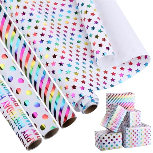 JIANTA 4 Rouleaux de Papier Cadeau Arc-en-ciel Scintillant 43cm x 3m, Emballage pour Anniversaire, Noël, Mariage - Enfants, Fille, Femme