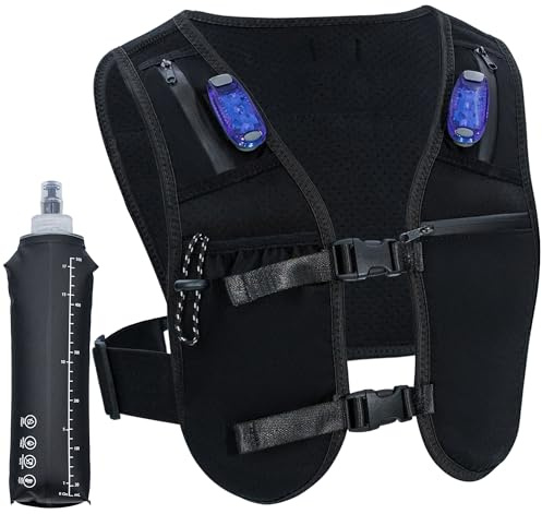 Adjustable Running Vest with LED Light Water Bottles and Phone Holder for Women and Men Reflective Safety Gear for Night Running