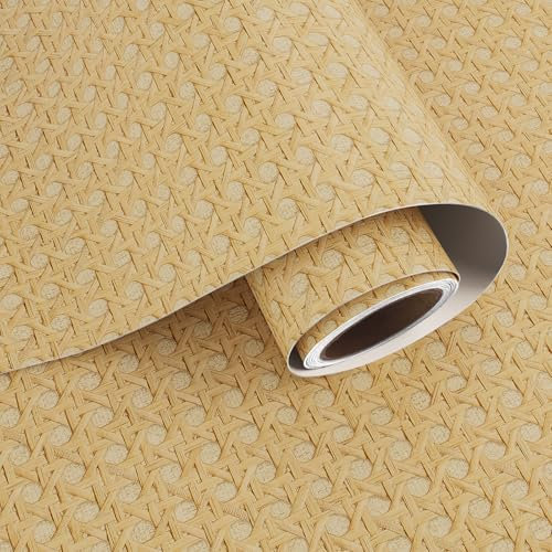 VaryPaper Faux Rattan Weave Self Adhesive Wallpaper 40cmx200cm Retro Faux Grasscloth Wallpaper for Living Room Hallway Sticky Back Plastic Roll Vinyl Wrap for Furniture Cupboard Worktop Vinyl Covering