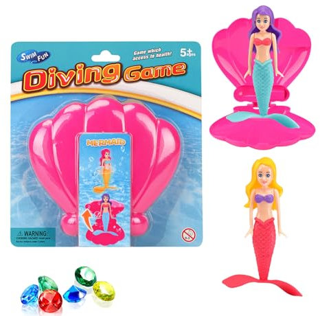 Mermaid Diving Toys for Swimming Pool,2pcs Mermaid Diving Toys with Hot Pink Shell & 6 Sinking Dive Gem,Swimming Pool Sinking Toy Kids Pool Toy Accessories,Princess Diving Games Training Girls Gifts