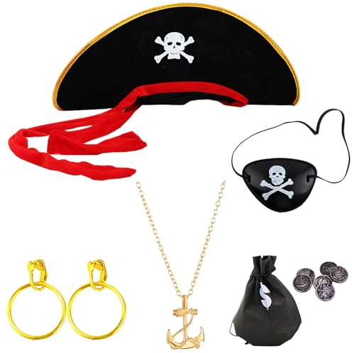 AWAVM Set 6 pièces déguisement pirate pour enfant, avec chapeau, cache œil, collier, 2 boucles d'oreilles, bourse, idéal pour costume pirate, fête thème, Halloween et cosplay.