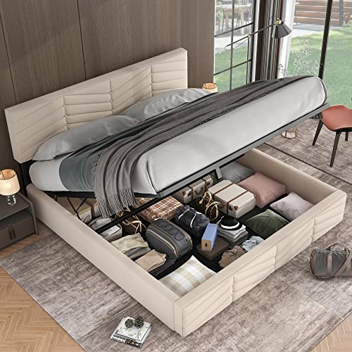 Oslghy Letto Imbottito 180x200 cm, Letto Matrimoniale con Contenitore, Modern Struttura del Letti Idraulico con Testiera Regolabile In Altezza e Rete a Doghe In Legno, Velluto, Beige, Senza Materasso