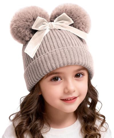 duxyoz Beige Baby Girl Winter Hats - Thick,Warm,Soft,Knitted,Stretchy,Double Bobble,Bow,Pom Pom Beanies Cap for Kids Toddler 6-36 Months