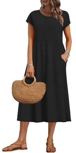 AUSELILY Women's Summer Short Sleeve Midi Dresses Loose Basic Empire Line Dress with Pockets, Black M