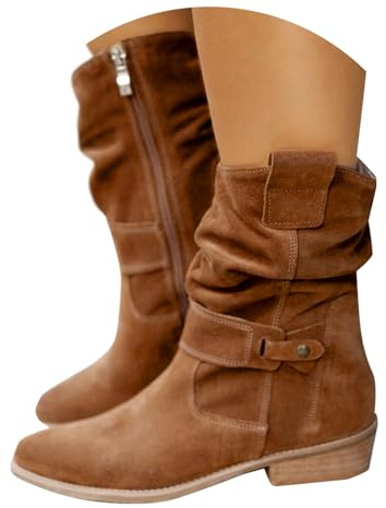Botines Mujer Invierno Elegantes Botas de Media Altura para Mujer de Ante Occidental con Hebillas Botas Planas Vintage de Equitación Botines Planos de Ante