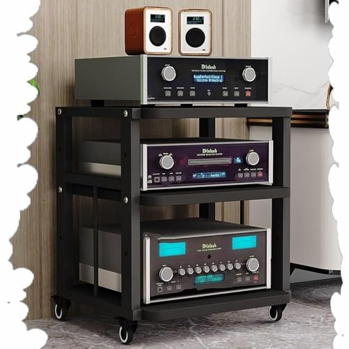 HiFi-ställ, AV-mediastativ Med Hjul, 3/4/5-vånings Audio-videohylla, Förstärkarställ, Stereoskåp I Trä, Justerbara Hyllor, CD-spelarestativ For Hemmabio/kontor(Black+black,3 Tier)