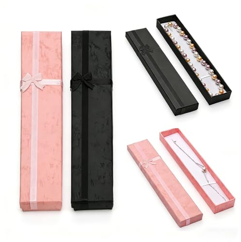 MSLSOZ Lot de 4 boîtes cadeaux à chaîne de 20 x 4 x 2 cm, avec nœud en ruban décoratif, pour collier et bracelet, avec coussinets en mousse amovibles, idéales pour les mariages, les anniversaires, la