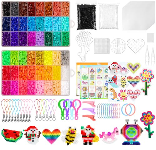 AUAUY Hama strykpärlor 1 600 st, 48 färger pärlor, 5 mm | Inkluderar brädor, kort, pincett, papper och nyckelringar, gör-det-själv smälta pärlor för barn och flickor