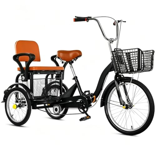 Vikbar vuxen trehjuling, 20 tum tandem trehjuling med baksäte för äldre, 3-hjulig cruiser trehjuling cykel med känsliga bromsar, sadel och styre höjdjusterbar, last och bemannad trehjuling