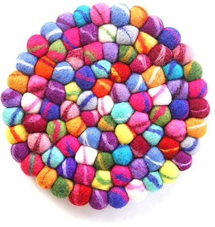 Global Crafts Hand Crafted Felt Ball Wool Trivet Mat from Nepal, 8 Round Pad, Rainbow