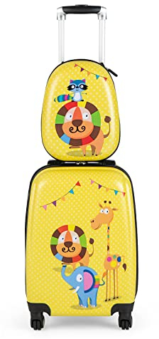 COSTWAY 2tlg Kinderkoffer + Rucksack, Kindertrolley aus Kunststoff, Kindergepäck, Kinder Kofferset Handgepäck Reisegepäck Hartschalenkoffer für Jungen und Mädchen (Löwe, 12+18)