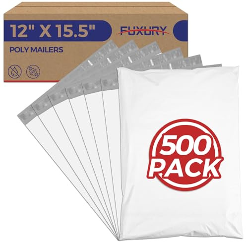 Fuxury Poly Mailers 12x15.5 500Pcs Bulk White Shipping Bags for Clothing, Strong Adhesive Sealing Shipping Envelopes, Tear-resistant Postal Mailing Poly Bags for Books,Accessories,Business