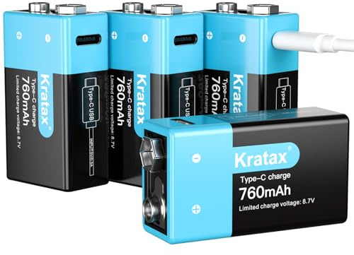 Kratax USB 9v Rechargeable Lithium Batteries 4 Pack 6840mWh 9 Volt Li-ion Rechargeable Battery with 2H Quick Charge Cable, 1500 Cycles Long Lasting for Smoke Detectors, Microphones