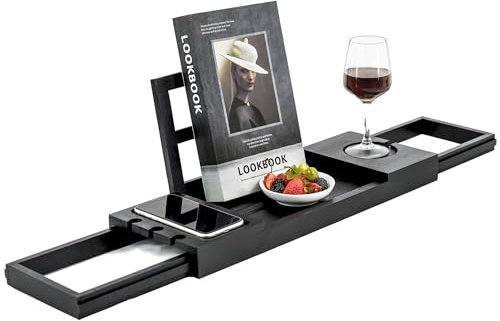 Utoplike Bambou Plateau de Baignoire Noir, Plateau de Douche Extensible avec Bras réglables, étagère de Baignoire pour Livres/tablettes/téléphones Portables/Serviettes/Aliments