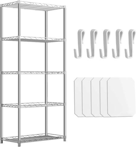 HMIEPRS Estantería Metálica de 5 Niveles, Estantería de Almacenamiento de 5 Estantes con 5 Ganchos y 5 Forros, Estantería de Metal para Garaje Cocina Baño Despensa (Plateado, 65x35x160cm)