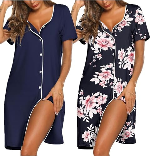Ekouaer 2 Pack Nightdress for Women Button Down S-XXL | v neck, short sleeves, trim detail, knee-length, sexy casual, light and comfortable