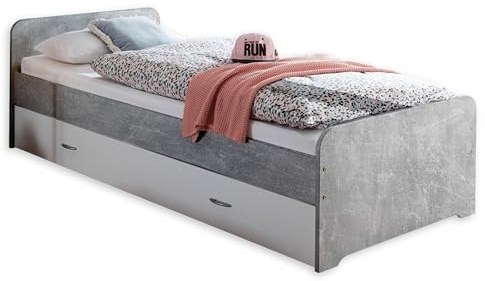 Stella Trading DUPLO Moderne Tandemliege mit Zwei Liegeflächen 90 x 200 cm - Praktisches Jugendzimmer Kojenbett in Beton Optik, Weiß - 97 x 67 x 206 cm (B/H/T)