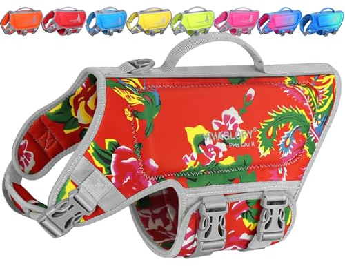 VIVAGLORY High Buoyancy Schwimmweste Hund, Rettungsweste, Hundeschwimmweste für Bootfahren, Schwimmhilfe & Auftrieb, XS, Nordwest Blumen-Rot