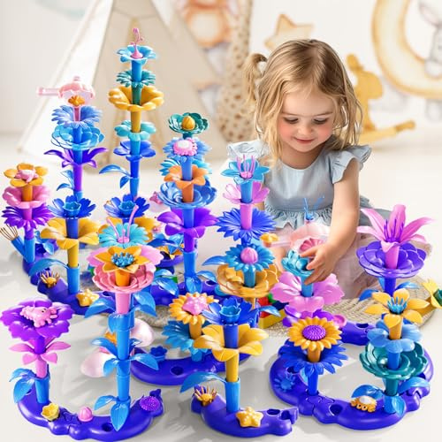 LILYBUDS 97 Pcs 3 Year Old Girl Gifts,Flower Garden Building Toy Set Toddlers Toys Gifts Best Educational Learning Fine DIY Crafts Stem Construction Stacking Kit,for 3 4 5 6 7 Year Kids Birthday