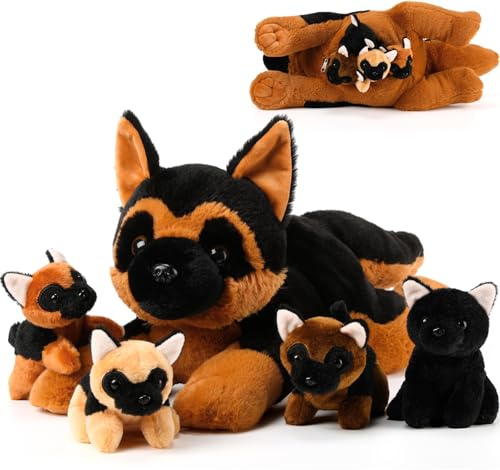 5 Piezas de Perro de Peluche Animales de Peluche de Perrito Lindos Suaves 1 Perro Mamá Grande de Peluche con 4 Mini Cachorros para Cumpleaños Fiesta de Día de Niño(Pastor alemán)