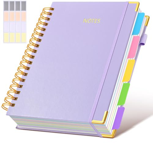 Hardcover Spiral Notebook journal with Removable Dividers Tabs, 300 Pages Leather 5 Subject Notebook College Ruled, 8x10 Large B5 Notebooks for Work School Note taking,Lined Journal for Women,Purple