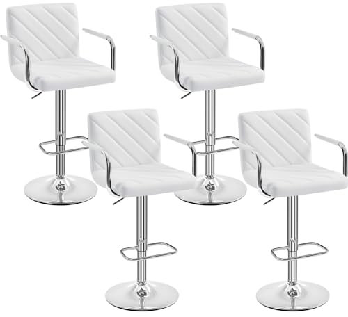 Yaheetech 4er Set Barhocker, Barstuhl höhenverstellbar, Kunstleder Gepolstert Tresenhocker 360° Drehstuhl, Küchenstuhl mit Armlehnen, Rückenlehne und Fußstütze, Weiß