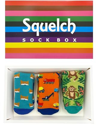 Squelch Childrens Sock Boxes For Welly Boots - Kids Colourful Socks for Wellies, Hiking or Skiing (Diggers, Foxes & Monkey Mayhem (ages 1-2))