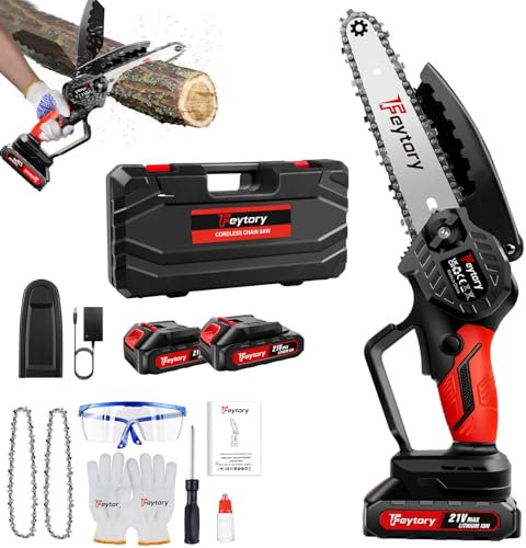 Tronçonneuse sans fil 21 V, 6 pouces, rouge, mini tronçonneuse avec 2 batteries, 2 chaînes, scie à main électrique, avec serrure de sécurité, pour le jardinage, l'élagage des arbres, la coupe du bois
