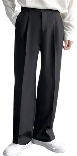 Fiacafyo Men's Formal Suit Pants Straight Wide Leg Loose Fit Flat Front Dress Trousers Casual Business Office Commute Pants (A-Black, M)