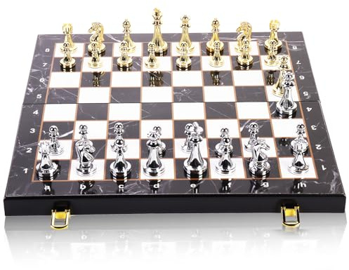 Metal Chess Set for Adults and Kids, 15''Large Marbling Chess Board with Storage –2 Extra Queens and 32 zinc Alloy Metal Pieces with a Sense of Weight,Folding Portable Travel Unique Chess Sets Game