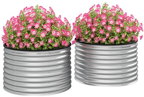 Outsunny Juego de 2 jardineras elevadas Kit Jardinera Redonda Fondo Abierto Juntas de Goma Protectores de Acero galvanizado Plata
