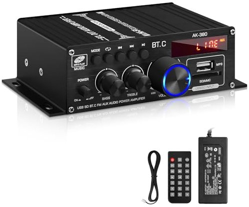 Bluetooth Amplifier, AK-380 400W+400W 2 Channel HiFi Stereo Audio Amplifier Bluetooth 5.0 Amp Receiver, Wireless Amplifier Receiver with USB/SD/AUX/FM Antenna for Car Home Bar Party Garage