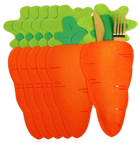 EXHUMKY 6pcs Easter Themed Fork Pouches Carrot Shape Cutlery Holders for Table Decoration Lightweight and Tableware Bags for Holiday Dinner Parties